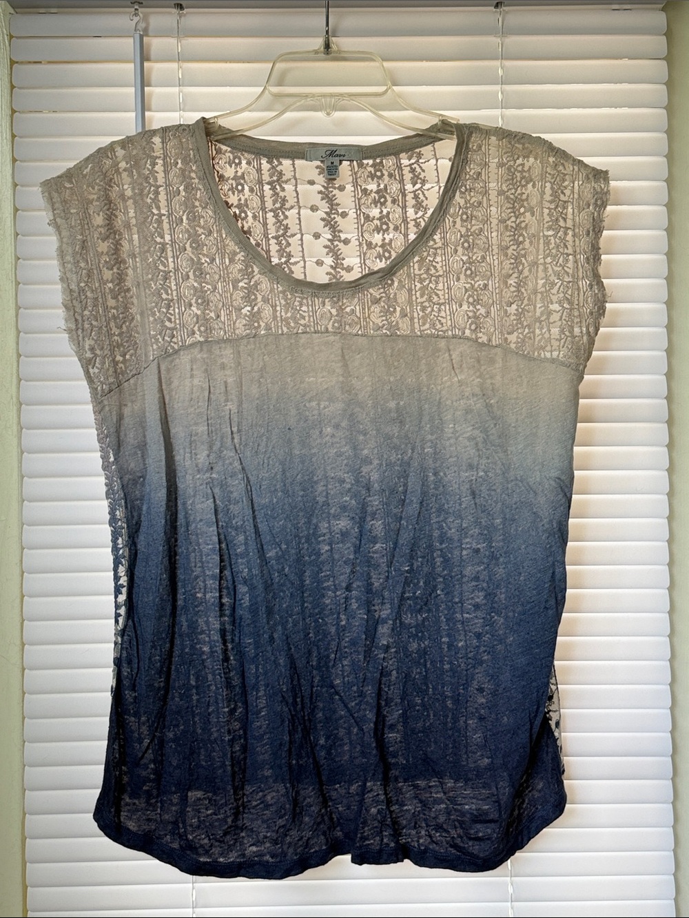 Mavi Ombre Lace Yoke Short Sleeve Tee - Tan to Blue